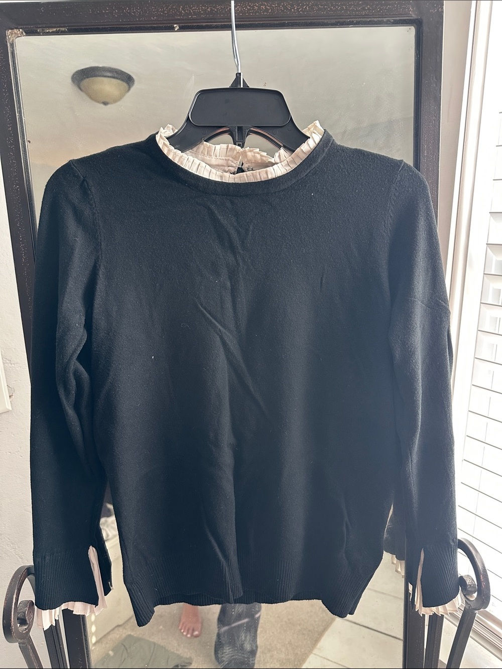 Black Sweater Top with Cream Ruffle Collar